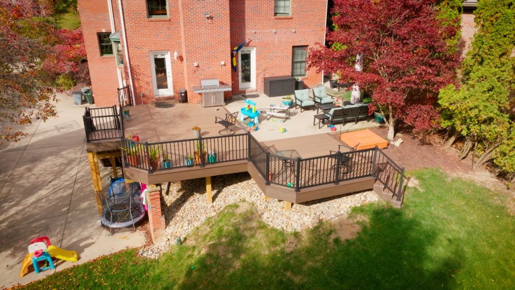 TimberTech Legacy second-level deck with Pecan decking and Mocha border in Mt. Lebanon, PA